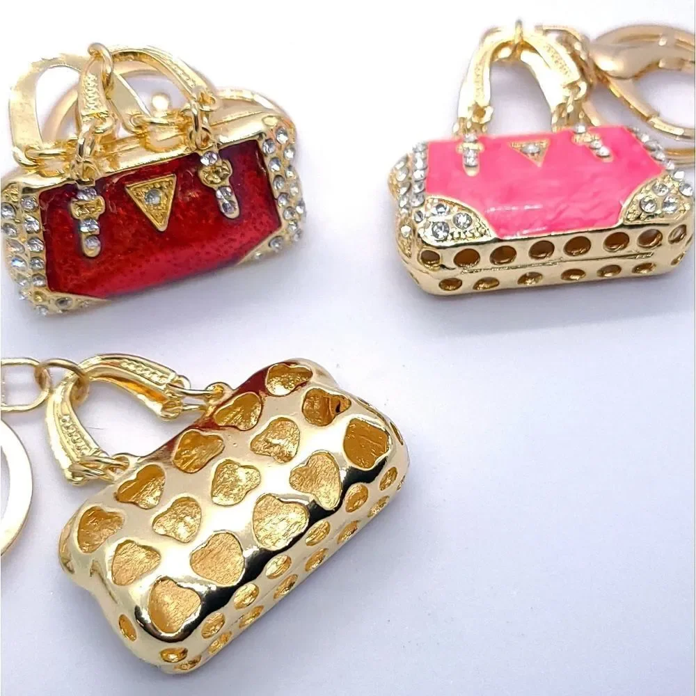 Pink Mini Handbag Bag Clip Purse Charm Rhinestone Pearlized Enamel Gold Keychain